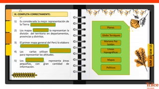 SEM
16
SEM
15
SEM
16
1) Es considerada la mejor representación de
la Tierra ________________.
2) Los mapas _________es la representan la
división del territorio en departamentos,
provincias y distritos.
3) El primer mapa general del Perú lo elaboro
_____________________.
4) Las cartas utilizan _____________
para representar las altitudes.
5) Los ______________ representa áreas
pequeñas, con gran cantidad de
información.
Globo Terráqueo
Mariano Paz
Soldán
Planos
Políticos
Líneas
hipsográficas
Mapas
III. COMPLETA CORRECTAMENTE:
 