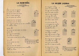 LA NORTENA 

                                                  -
                                                                                                                      LA MUJER .LADINA 

                                  (E. Vigil/Elizondo)
                            Armonizada 	en SOL MAYOR (G)                                                                  C                                      (Juan Jose Espinoza)
                                       -Polka-                                                                                                               Armonizada en DO MAYOR (C)
                                                                                               Por una mujer Ladina                                                  -Canci6n ­
                                                                                                            A7                    Vm        G
 G                                                                                             perdi La tranquiLidad
Tiene Los ojos tan sarcos                                                                                                              Vm
                                                                                  a            eLLa mi cLav6 una espina 	                                                              A7
                            V7

                                                                              it
                                                                                                                                                             Co     o
                                                                                                         C	                            C
La nortena de mis amores
que me 	 miro dentro de eLLos
                                                                          2

                                                                          a             ®
                                                                                               que no 	 me puedo arrancar
                                                                                               como no tenia concencia
                                                                                                                                                     2

                                                                                                                                                     a	  00f                     2

                                                                                                                                                                                 a
                                                                                                                                                                                     Hm=
como si fueran desteLLos
                                                                          4
                                                                                                                     C7       f                      4                           4

                                 G                                        s                    y era una maLa mujer
                                                                                                                                                     s                           s
de Las piedras de coLores.                                                                            G             C
                                                                                               se juLL6 con mi querencia
                                                                                                          G	                      . C
Cuando me miran sonrientes                                                                     para nunca jamas votver.                                     .Dm 	                     o
me parece jardin de fLores
                                 C

y si lloran me parece que se van a deshacer
C         V7
mi Linda,no LLores.
                        G
                                                         V7       2

                                                                  a
                                                                  4


                                                                  •
                                                                      M                        A La oriLLita deL rio
                                                                                               y a La 	 sombra de un piruL
                                                                                                            A7 	
                                                                                               su querer fue todo mio
                                                                                                                                  G



                                                                                                                                   Vm
                                                                                                                                        C
                                                                                                                                                     2

                                                                                                                                                     a
                                                                                                                                                     •
                                                                                                                                                     •
                                                                                                                                                         ~
                                                                                                                                                                                 a

                                                                                                                                                                                 •
                                                                                                                                                                                 •
                                                                                                                                                                                 •
                                                                                                                                                                                 7
                                                                                                                                                                                     m
                                                                                                        CO    C
               V7
Verdes son,                                                                                          .
                                                                                               una mananita azuL.
                                                                                                                                                            co 	

                                                                                                                                                         m
                                                                                  p'                                                                                                  c7


                                                                                                                                                                                     ffm
deL coLor cuaL deL monte Las faLdas


                                                                              mm
                                                                                                                                                                                 a
                                                                                               Y despues en La piragua
               G                                                                                                                                     2                           4
verdes son                                                                2                               C7                  f        ·
                                                                          3
                                                                                               nos fuimos a navegar 	                                a
                                                                                                                                                                                 •
deL coLor de esmeraLdas                                                                                         G	                      C            4
                                                                                                                                                                                 •
                                                                          4
                                                                                               qu~ Linda se mov1a eL agua
          V7                                                              s                            G               C
                                                                                                                                                                                 7

sus ojitos me miraron
                                          G                                                    cuando yo La voLv1 a besar.
y esa noche me mat6 con su mirada.
                                                                                                                                                                            F
                                                                                               Mas dicen que eL tiempo borra

                                                                                                                                                                            Wf
                                              M.,o di.
           G7

                                                                                   g:                                             Vm
                                                                                       .". ­
Yo no se,                                                                                                   A7 	                            G                           2
                                                                                               Los pesares deL querer
Lo que 	 tienen sus ojos                      1     3         8   1   3       8
                                                                                               pero a 	 m; se me afigura
                                                                                                                                   Vm                                   a
                                                                                                                                                                        •
           C                                                                                             CO 	                               C
si me ven                                         Tie-ne Los o-jos
                                                                                               que con eL tiempo es perder.                                             •
con Las Luces deL querer
                                                         V7                                    No tengo dicha ni caLma
                                                                                                                                                         Melodl.



                                                                                                                                                         1~~O~'~O~~3~~,~~E~~
y si LLoran me parece que se van a deshacer
C    V7             G
                                                                                                            C7                          f
Linda, no Llores • .                                                                           y a veces me hacen LLorar
                                                                                                            G	                     C
                                                                                               y me dueLe tanto eL aLma                                     Por u-na mu-jer
Tiene Los ojos tan sarcos ••• etc.                                                                      G            C
                                                                                               que no puedo ni resolLar.
                                        18                                                                                                      19
 