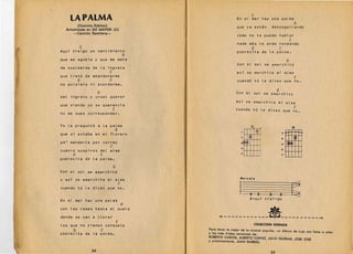 C
          LA PALMA 
                                                    En eL mar hay una paLma
                                                                                                                   G
           (Domlnlo Publico) 
                                          que ya estan                 descogoLLando
     Armonlzada en DO MAYOR (C) 

                                                   ~
        -Canclon Ranchera-

                                               ~                        como no te puedo habLar
                                               .j                       nada mas te ando rondando
                                                                                                               C
               C                                I,
                                                                              G          C

Aqu; traigo un sentimiento                                              pobrecita de La paLma. 

                                           G
que me agobia y          q~e   me mata         ~
                                                                                            G
                                                                        Con el sol se amarchito
de acordarme de La ingrata
                               C                                       ~s;      se marchita mi aLma
que trat6 de abandonarme                                                                                           C
               G               C                                        cuand6 tu le dices que no.
~o       quisiera ni acordarme.
                                                                                       G
               G                                                       Con eL soL se amarchito
Del ingrato y cruel querer
                                                                       asi se amarchita mi aLma
que siendo yo su querencia
                                                                                                                   C
                                ~                                      cuando tu Le dices que no.
no me supo corresponder.
                                               ~

Yo le pregunte a la palma                      ~i                                       Co       0                 G
                                    G
que si estaba en el fLorero
pa   I    mandarle por correo

cuatro suspiros deL alma
           G             C
                               C                                          :
                                                                          .
                                                                          4

                                                                          5 I   I   I
                                                                                         I

                                                                                         I   I
                                                                                                 ~
                                                                                                 J
                                                                                                           a


                                                                                                           :t!fi 

                                                                                                           •
                                                                                                           7
pobrecita de la paLma .•

                                   G
Con el soL se amarchit6
                                                                          M./od;.
y as; se amarchita mi alma                      ~


                                                                                                               ~
                                       C
cuando tu Le dices que no.


En eL mar hay una palma
                                                                         i          3 3     3   3
                                                                                    A-qui trai-go
                        G
                                               ~
                                                                                                     ~'c
con las ramas hasta eL suelo

donde se van a llorar                                        +- - - - - - - - - - - - - ~- - - - - - - - - - -+
                                    C
los que no         ~ien~n    consuelo                                                    COLECCION DORADA
           G             C                             Para tener 10 mejor de la musica popular, un Album de Lujo con fotos a color
pobrecita de la          palma~                I       y las mas lindas canciones de:
                                                       ROBERTO CARLOS, ALBERTO CORTEZ, JULIO IGLESIAS, JOSE JOSE
                                                       y pr6ximamente, JUAN GABRIEL.


                    32                                                                               33
 