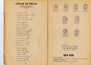 COLLAR DE PERLAS 
                                   o       A   •
                                                                                  E7       o                       ch            Flm



                                                                             II m I
                                                         0

                                                                                                         ..
                                                     ~
                                                                                                                             2
           (Alfonso Esparza Oteo)
        Armonizada en LA MAYOR (A)              'J                       2                               s                   a
                -Canci6n­                       :J                       a                               •                   .
                                                .                        .                               7                   s
                                                s                        s                               •                   •
                    A
Siento en el alma
                                           E7
unas ganas inmensas de llorar
                                                                             .P                                         Om



                                                                         m                                         llii 

tu me haces falta
                                      A                              2                                        2
y jure no decirtelo jamas.
                                                                     a                                        3

                                                                     .                                        ..
Yo quiero hacerte
             C#7                                                     •                                        s

con mis lagrimas
                        F#m
un collar de perlas
  V        Vm
dejame llorar                                                                    Bm7                                FI
                      F#


                                                                         n
               A


                                                                                                                  [I
                                                                     2
porque hoy que te perdi
                          Bm7                                        a                                        2

queriendote olvidar                                                                                           a
                   E7            A
                                                                     •                                        .
me acuerdo mas de ti.
                                                                     •                                        s

                              E7
S1 es un delito amar
                        A
un delicuenl e soy
                                 E7
porque no he de pagar
                             A
la culpa de m; amor.


                                                                                                              ot:
                                                                     Me/od;.



Yo qu;ero hacerte
    .        C#7                                                     1       2         2        3    2
con mis lagr;mas                                                         Sien-to en el al-ma
                        F#m
un collar de perlas
   V          Vm
dejame, . llorar

porque hoy que te perdi
                         A            F#
                                                                         tti~                  s:;u
                         Bm7                    SOLOS DE GUITARRA
queriendote olvidar                             Una manera facil de tocar la melodia y el acompanamiento. instrumentales para los 

                   E7            A              aficionados y profesionales. 

me acuerdo mas de ti.
                                                De venta en puestos de peri6dicos y casas de musica. 


                    36                                                                          37
 