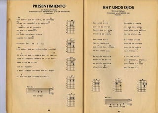 PRESENTIMIENTO                                                                                         HAY UNOS · JOS 

                                                                                                                                            O
                                        (E. Pacheco/Po Mata)
                        Armonizada 	en LA MENOR (Am) y en LA MAYOR (A)                                                                       (Domlnlo Publico) 

                                             -Cancion-                                                                                 Armonizada en LA MAYOR (A) 

                                                                                                                                               -CancI6n ­

      Am 	                                         E7
     Sin saber que existias, te deseaba

I    Om   .        E7            Am 

     antes de conocerte te adivine                                                            <D
                                                                                                                           A

                                                                                                                  Hay unos ojos                             Gozando siempre 

         A7                                                       211~
                                                                                                                  que si me mi ran
     llegaste en eL momento 	                                     a                                           I                                             de sus destellos 

                                                                                                                                                                V          E7 

     en que te       esper~~a 	                                                                                   hacen que mi 	 alma                       que ojos mas bellos
Ii     E7 	
     no hubo sorpresa aLguna
                                                                  4

                                                                  •
                                                                               I I I I I

                                                                                                                  tiemble de amor. 	
                                                                                                                                          E7                             A
                                                                                                                                                            no he visto yo.

     cuando te halle.
                           Am
                                                                                      E7                          Son 	 unos ojos
                                                                          o                               I
                                                                                                                                                            Si todos dicen
                                                                                        <!>
     ACORDES:

      Am
                 Om 	     Am        E7   Am

     Sin saber que existias ••• (se repite)
                                                                  :mm
                                                                  4
                                                                  s
                                                                               I I I I I
                                                                                                           ~
                                                                                                              I   tan 	primorosos
                                                                                                                       V          E7 

                                                                                                                  que ojos mas lindos

                                                                                                                  no he visto yo.
                                                                                                                                                            que rio te quiero 


                                                                                                                                                            que no te 	adoro 

                                                                                                                                                                        E7 

                                                                                                                                                            con 	 frenes;.
         A                           E7                                                                   I.'
                                                                                                           1
     EL dia en que cruzaste por mi camino
                                                                                                                  Ay quien pudiera 	                       y yo les digo
                                                                                      . m
                                                                                      D
     tuve el presentimiento de algo fatal
                                                                                                    <D            mirarse en ellos                         que 	 mienten, mient~n
     esos ojos me dije,

     son 	 mi destino
                                                                  :tJ±'m
                                                                  4
                                                                                                                  ay quien pudiera

                                                                                                                  mirarLos mas.
                                                                                                                                   ~7 	
                                                                                                                                                                 V
                                                                                                                                                                       A
                                                                                                                                                           darla por 	 ti.
                                                                                                                                                                           E7
                                                                                                                                                           que hasta 	 la vida


     y esos brazos morenos son mi dogal.
                                                                  s                      1
                                                                                                          ,I
             A
     El dia en que cruzaste ••• etc. 	                                    o    0       A!
                                                                          I I I I I ~
                                                                                                                  o   0   A   •	                                                 --------P
                                                                  211~ I,                             I


                                                                                                                  ~m 	                                                       :tJ±1t*
                                                                  :t      I I I I , ,                                                          2


                 Me/o di   /I
                                                                  4,            I , I I I                                                      a
                                                    .,.-	         s
                                                                                                                                                                             •
                                               F;
                                                                                                                                               4



                 ~              2   2    2
                                                                          o     0      A             •
                                                                                                          ,                                    •                             •
                            Sin 	 sa-ber
                                                                      2
                                                                          i     I


                                                                                     p,,,             I


                                                                                                                                    Me/odi.


                                                                      aI I I I I I
                                                                      4,
                                                                      •   L'
                                                                                I I I , ,
                                                                              ...1.....1.....1....J-..J
                                                                                                                                   ~        8 8 8 8 2
                                                                                                                                           Hay u-nos o-jos
                                                                                                                                                               ~.
x	                                            62
                                                                                                                                                    63
 