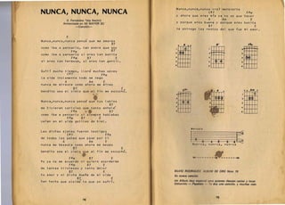Nunca,nunca,nunca cref merecerte 

NUNCA,NUNCA, NUNCA 
                                                      y ahora que eres mfa ya no se quehacer 

                                                                                                                     C#7                        F#m 


               (I. Fernandez Tata Nacho)                                                                             A              Am               E

           Armonizada en MI MAYOR (El                                     y porque eres buena y porque eres bonita
                   -Canci6n­                                                                                         B7                                   E
                                                                          te entrego los restos del que fue mi amor.

               E
Nunca,nunca,nunca pense que me amaras
                                                           B7                 o   E..                                      8'                       F#m




                                                                                                                                              m
como iba a pensarlo, tan pobre que soy                                            (D                                                      2
                    F#m                                    B7                                                                             ,
                                                                         2    C~~                                    2
como iba a pensarlo si eres tan bonita                                                                                              -
                                                                         a
                    F#m                B7                       E                                                    J
                                                                                                                                          •
si eres tan hermosa, si eres tan gentile                                               I                                   CD @           •
                                                                         "                                           "
                                                                         •             I                             •          ,         •
Sufri mucho tiempo, llore muchas veces
               C#7                           F#m
la vida inclemente todo me nego
            A                           Am       E
nunca me miraste como ahora me miras
                        B7                                          E.            ch

                                                                                                                                              m
                                                                                                                                              o 0    Am       0
bendito sea el cielo que a l fin me escucho.
                                                                          "
                                                                                                                                          2
Nunc~,nunca,nunca            pens' que tus labios
                                                       B7                 •                                                               a
                                                                          7
me hicieran caricias que tanto anhele'                                                                                                    "
                    F#m                ~~             B7                 •                                                               •
como iba a pensarlo si siempre hablabas
               F#m                B7         E
caian en mi vida goti·tas ~e hiel.

                                                                                           M e / od
Las dichas ajenas fueron testigos
               C#7                                   F#m                               "
                                                                                       1                                                 I~

de todas las penas que pase por ti
           A                            Am       E                                                               o     '4  S-  I;. A I   ~
nunca me besaste como ahora me besas                                                        N un -c~ ,               n un-ca, nun-ca
                        B7                                          E
bendito sea el cielo que al fin me                         esc~ch~.

                   F#m                  B7                 E                                c::::)o.. -   ,. .


Yo ya no me acuerdo ni quiero acordarme
                   F#m                 B7        E
de tantas tristezas y tanto'dolor
                   B7                            E                       SILVIO RODRIGU                          A LBUM DE ORO Num. 78
tu amor y mi dicha duena de mi vida                                      Su nueva cane/on
                             B7                            E
han hecho que olvid: lo que yo sufri.                                    Un Album muy aspects' ptJro quienes dasean cantar y toear
                                                                         Unleornlo - Psps/ow -- rfJ day una canei6n. y muchas mas.



                                                                                                                           79
                                  78
 