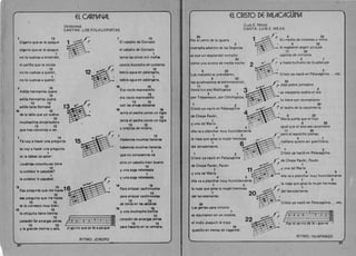 EL CARNAJAL 

(An6nimo) 

CANTAN: LOS FOLKLORISTAS 

1 . 12
1 12 

El caballo de GonzaloCigarro que se te apague
el caballo de Gonzalocigarro que se te apague
1 

no 10 vuelvas a encender, 

1 

ten(a las cinco mil mafias
com(a bizcocho en cubiertoel carino que te olvide
12 
 12 

no 10 vuelvas a querer, 12 
 bebia agua en palangana, 

1 
 1 

no 10 vuelvas a querer. 
 beb(a agua en palangana. 

16 15
a 15 

Era roc(o marmolenoAdios hermanita Juana
12
12 

era roo(o marmolenoadios hermanita Juana
13 12
13 12 

con las ancas alazanasadi6s taita Berna~
16 15
16 15 

ten(a el pecho como un tigrede la talla que yo vuelva
12
12 

ten(a el pecho como un tigre
muchachita encantadora
13 12
13 12 

V orejitas de milana.que nos volvamos aver. 

1 12

1 12 

Habemos muchos lIaneros
Te voy a hacer una pregunta
habemos muchos lIaneroste vov a hacer una pregunta
1

1 

que no conocemos natu la debes de saber:
sino un caballo bien buenolcuantas coyuntu ras tiene
12
12 

V una soga rebeteadala culebra 'e cascabel?
1
1 

16
:
V una soga rebeteada.la culebra 'e cascabel.
16 16

'16 15 
 Para enlazar cachimuelasEsa pregunta que me haces
12
12 
 para en lazar cachimuelas
esa pregunta que me haces 

13 12
13 12 
 de toros en las sabanas
te la contesto muv bien:
16 16
16 15 

V una muchacha bonita
la chiquita tiene treinta
coraz6n de amargas penas
12
)2_'2_2_2_4_1_.q~
12 

corazon ae amarga.s penas
r a. 13 12

13 12 . ~ 

para hacerlo en la ventana.cl-ga-rro que se te a-pa-gueV la grande treinta V seis.
RITMO : JOROPO 

al 

EL CRISTO DE PALACAGUINA 

(Luis E. Mejia) 

CANTA : LUIS E. MEJIA 

1
6 22 

Por el cerro de la iguana 

20 

En medio de incienso V mirra
6 22 

montana adentro de las Segovias 

2 

Ie regalaron segun VO supe 

'1 20 

cajetita de miriomose ove un resplandor extraiio
2 1
20 

V hasta bunuelo de Guadalupe.como una aurora de media noche.
2 

2
6 22 

Cristo va naci6 en PalacagOina... etc.Los maizales se prendieron,
6 22 

20
los quiebraplata se estremecieron,
Jose pobre jornalero11 20 

2
lIovi6luzpor.Moliogalpa
b

'
t
( se mecatella todito el dla2 1 

por Telpaneque, par Chlchigalpa. BD

10 tiene can reumatismo 

1 
 20
2 

(' el techo de la carpinterl'a.Cristo va naci6 en PalacagOina
de Chepe Pavon , 6 22 

, Mar(a suena que el hijo 

V una tal Marla 6 22 

4 3 igual que el tata sea carpintero 

ella va a planchar muv humildemente '1 20 

1 2 ! -pero el sepoti 110 piensa: 

la ropa que goza la mujer hermosa . ( 2 , 

1 6  '. manana quiero ser guerrillero. 

del terrateniente. B   <~~ 

b   C---'C. .' 1 2 

1 2 .-- }. ~ Cristo va naci6 en PalacagOina 

Cristo va nado en PalacagiJ ina 

de Chepe Pav6n, Pav6n
,de Chepe Pav6n, Pavon
t~(y
e
20b
('
( V una tal Mar(a1 

4 , 3
V una tal Mar(a
ella va a planchar muy humildemente4 3 

1 2
ella va a planchar muv humildemente
la ropa que goza la mujer hermosa1 2 

1
la ropa que goza la mujer hermosa 

(' del terrateniente. 
1 

del terrateniente.
Cristo va naci6 en Palacaguina. . . etc.20 

Las gentes para mirarlo 

1 

se rejuntaron en un molote, f2-2-2-o_3_0-H9~
la22
('
(
el ind,io Joaqu(n Ie trajo Por el ce-rro de la i-gua-na '
10 

quesiII0 en trensa de nagarote. 

RITMO: HUAPANGO
 
