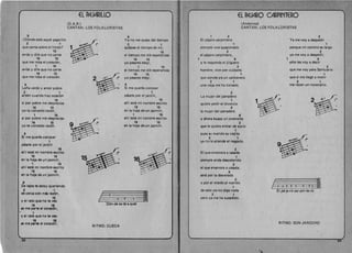 9 

lDonde esta aquel pajarilio 

2 1 

que canta sobre ellimon?
15 

anda V dile que no cante
16 15 

que me roba el coraz6n,
, 15 

anda V dile qLJe no cante
16 15 

que me roba el coraz6n.
9 

Lena verde y amor pobre 

2 1 

arden cuando hay ocasion
15 

si por pobre me desprecias
16 15 

yo te concede raz6n , 

1 16 

sl por pobre me de.sprecias 

16 16 

VA te concedo fez6n,
9 

Si me quenb conocer 

1 

pesete par el jard rn

16 

all i estlf mi nombre escrito
16 16 

en la hoja de un jazmin, 

1 16 

all (estti ml nombre escrito 

16 16 

en la hoja de un jazm(n. 

9 

De lejos te estoy qLleriendo
2 1 

de cerca can mas r8z6n,
16 

V el rato que no ta veo 

18 16 

lIe me perte 81 corazOn, 

.; 1 

Val rita que no ta veo 

18 18

,8 me part. 81 corazOn.
3fl
EL PAJARILLO

(D.A.RJ
CANTAN : LOS FOLKLORISTAS
9 

Yo no me quejo del tiempo
2 1 

quejese el tiempo de mi,
15 

el tiempo me dio esperanzas
16 15 

VO pesares eleg(
1 15 

el tiempo me di6 esperanzas
16 15 

yo pesares eleg(.
2 

9 

Si me queres conocer 

1 

pcisate por el jardin,
15 

alii esta mi nombre escrito
16 15 

en la hoja de un jazmin,
1 16 

all i estB mi nombre escrito 

16 16 

en la hoja de un jazm(n. 

~ "F' o=~~~f 

D6n-de es·t~ a-quel
RITMO ; CUECA
EL PAJARO CARPINTERO 
/
(An6nimo) 

CANTAN: LOS FOLKLORISTAS 

1 2 

EI pajaro carpintero
1 

siempre vive apasionado
2 

el pajaro carpintero,
1 9 

YIe responde el jilguero 

2 

hombre, vive con cuidado
1 

que siendo yo un carbonero
2 1 

una vieja me ha tiznado.
2 

'2
Ya me voy a despedir
1 

porque mi camino es largo
2 

ya me VoV a despedir,
9 

solo les voV a decir
2 

que me voV para Santuario
1 

que si me lIe96 a morir
2 1 

me recen un novenario.
La muje:r del panadero
1 
 2 
quiere pedir el divorcio
2 

la mujer del panadero 

9 

V ahora busea un jovencito
2 

que Ie quiera entrar de socio
1 

pues su marido es viejito
2 1 

va no Ie atiende el negocio.
2 

EI que enamora a casada
1 

siempre anda descolorido 

2 

el que enamora a casada, 

9 

sera par la desvelada 

2 

o por el miedo al marido
1 

de esto yo no digo nada
2 1 

pero va me ha sucedido.
, Ii Iii .
A2-2-2-2-3-2-.Am
EI ,pa-ja.ro car·pin-te·ro
RITMO: SON JAROCHO
 