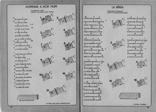 HOMENAJE A LEON fELIPE 

Mi po·e·ta de cris·tal
RITMO: BALADA ARPEGIADA
42 

15 4 3 

D6nde estci mi coraz6n
2 1 

que se fue tras de Esperanza
3 15 

tengo miedo que la noche
16 15 4 

me deje tambien sin alma,
3 15 

tengo miedo que la noche
16 15 

me deje tambien sin alma.
15 4 3 

D6nde esta la palomita 

2 1 4 

que al amanecer 1I0raba 

3 15 

se fue muy lejos dejando
16 15 

sobre mi pecho sus lagrimas,
3 15 

se fue muy lejos dejando
16 16 

sobre mi pecho sus lagrimas.
3 2 1 

Cuando se abandona el pago
3 2 1 4 

Y se empieza a repechar
3 15 

tira el caballo adelante
16 15 4 

Y el alma tira pa' atnb,
3  15 

tira el caballo adelante
16 15 

Y el alma tira pa' atras.
16 4 3 

Yo tengo una pena antigua 

2 1 4 

inutil botarla afuera
3 16 

Y como es pena que dura
16 15 

yo la he lIamado la anera,
3 15 

Y como as pena que dura
16 15 

yo la he lIamado la afiera.
LA ANERA

(Atahualpa Yupanqui) 

CANTA:MERCEDESSOSA 

15 4 3 

1
D6nde estan las esperanzas 

4 
 2 1 4 

d6nde estan las alegr(as
3 15 

la ariera es la pena buena
16 15 4 

yes mi sola compaf'i(a, 

3 15 

la ariera es la pena buena
16 15 

yes mi sola compaiil'a.
3 1 

Cuandoseabandonael pago
3 '2 1 4 

Y se empieza a repechar
3 15 

tira el caballo adelante 

4 
 16 15 4 

Y el alma tira pa' atras,
3 15 

tira el caballo adelante
16 15 

Y el alma tira pa' atras.
15
A2-.-0-0-H-·dlP., la.
D6n-de es·U mi co·ra·z6n
RITMO: ZAMBA
21 7 

Mi poeta de cristal 

21 4 3 

con pipa de nubes
2 1 

Y boina de ave sola,
1 

mi viejo Leon Felipe,
8 7 

mi viejo de versos
4 3 

arrancado de Espana
2 1 

(Guadalupe Trigo) 

CANTA: GUADALUPE TRIGO 

3·2
15 

con la muerte a cuestas,
8 '16 15 15A
poeta de la tunica
9 2 1 

con broche de musica
2 1 9 · 2 

Y el andar cansado.
, 7 

Leon Felipe de America
21 4 3 

de sangre negra
2 1 3·2 

Y cuerpo dl! lirio, 9

1 

Leon Felipe de muerte
16 15 

8
b
8
de poemas lejanos
16 15 

lIenando tierra de ansia 

2 '1

mi poeta de cristal 

2 1 

con bast6n de palabras
2 1 

Y manos de gaviota,
2 1 

mi viejo Leon Felipe 

2 1 r 

mi poeta de cristal. 

21 

b
!3-H-3 2· oHf:
B
43
 