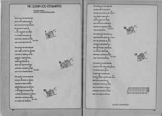 ME GUSTAN lOS ESTUDIANTES
(Violeta Parra)
CANTA:MERCEDESSOSA
1 

Que vivan los estudiantes
9 1 

jard(n de nuestra alegr(a,
12 

son aves que no se asustan
1 

de animal ni polie(a
10 9 

Y no Ie asustan las balas 1 

17 1 

nj elladrar de la jaur(a
12 

earamba y samba la cosa 

1 9·1·12·1 

que viva la astronom(a.
Me gustan los estudlantes
9 1 

que rugan como los vientos
12 

cuando Ie meten al o(do 

1 

somnas V regimientos, 

10 9 

pajarillos lib,ertarios
17 1 

igual que los elementos
12 

caramba y samba la eosa
1 9·1·12·1
que viva 10 experimento.
Me gustan los estudiantes
9 1 

porque levantan el pecho
12 

euando Ie dicen harina
1 

sabi6ndose que es afrecho 

10 9 

Y no hacen el sordomudo 

17 1 

cuando se presenta el hecho,
12 

"caramba V samba la eosa 

1 9·1·12·1 

el c6digo del derecho. 

Me gustan los estudiantes
9 1 

porque son la levadura
12 

del pan que saldrc1 del horno
1 

can toda su sabrosu ra
10 9 

para la boca del pobre 

17 1 

que come can amargura 

12 

caramba y samba la cosa
1 9·1·12·1
viva la literatura.
Me gustan los estudian tes
9 1 

que marchan sabre las ruinas
12 

can las banderas en alto
1 

va toda la estudiantina,
10 9 

son quimieos y doctores, 

17 1 

eirujanos V dentistas
12 

earamba y samba la cosa
1 9·1·12·1
vivan los especialistas.
Me gustan los estudiantes
9 1 

que can muy clara elocuencia
12 

a la bolsa negra sacra
1 

Ie baj6 las indulgencias,
10 9 

porque hasta cuando nos dura
17 1 

sefiores la penitencia,
12 

caramba y samba la cosa 

1 

que viva toda la ciencia
12 

earamba y samba la cosa 

1 

que viva toda la eiencla.
RITMO: HUAPANGO 

_~~a~'1 2 2 . : 

i o~ti2 2 

Que vi-van los es-tu-dian·tes
4 55
 