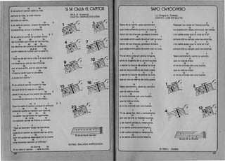 15 16 

SI SE C~LL~ EL C~NTORSi se calla el cantor calla la vida
(M.S.-H. Guarany)porque la vida, la vida misma
CANTA:MERCEDESSOSA
15 

es todo un canto,
16 3 

si se calla el cantor, muere de espanto
16 	 15 

la esperanza, la IUl y la alegr(a.
12 3 1 3 7 

Si se calla el cantor se quedan solos 

16 23 15 

los humildes gorriones de los diarios, 

3 23 16 15 

los obreros del puerto se persignan, 

169-16 15 

quien habra de luchar por su salario.
4 	 3 

"Que ha de ser de la vida sl el que canta
16 9 

no levanta su VOl en las tribunas 

23 

por el que sufre, por el que no hay 

15 16 

ninguna raz6n que 10 condene 

15 

a andar sin manta'~.
15 16 

Si se calla el cantor muere la rosa
15 

de que sirve la rosa sin el canto,
16 3 

debe el canto ser IUl sobre los campos
16 	 15 

iluminando siempre a los de abajo.
12 3 1 3 7 

Que no calle el cantor porque el silencio
16 23 15 

cobarde apans la malded que oprime, 

3 23 16 15 

no saben los cantores de agachadas, 

16 9-16 15 

no callanin jamas de frente al crimen.
4 3 

"Que se levanten todas las banderas 

16 	 9 

cuando el cantor se plante con su grito, { 

23 15 

que mil guitarras desangren en la noche 

16 15 

una inmortal cancion al infinito".
15-12-9-16 15 

Si se calla al cantor... calla la vida.
66 

f '-2-0-0-,-.--4,a
Si se ca-lla el can-tor
RITMO: SALADA ARPEGIADA
S~PO C~NCIONERO
(J. Chagra-N. Toledo)
CANTA :LOSDESALTA
1 	 3 
 3 

Sapo de la nache, sapo cancionero 	 Repican tus voces en franca portia,
12 	 1 
 12 1 

que vives sonando junto a tu laguna tus coplas son vanas como son tan bellas 

4 3 
 4 3 

tenor de los charcos, grotesco trovero ino sabes acaso que la luna es fr(a?
12 
 12 1 

que estas embrujado de amor con la luna porque di6 su sangre para las estrellas, 

4 3 
 4 3 

tenor de los charcos, grotesco trovero ino sabes aeaso que la luna es fr(a? 

12 1 	 12 1 

que estas embrujado de amor con la luna. porque di6 su sangre para las estrellas.
1 3 	 12 

Yo sa de tu vida sin gloria ninguna 	 Sapo cancionero, canta tu canci6n
12 1 	 3 

sa de la tragedia de tu alma inquieta que la vida es triste 

4 3 12 1 

Yesa es tu locura de adorar la luna si no la vivimos con una ilusion, 

12 1 
 3 

que es locura eterna de todo poeta 	 que la vida es triste
4 3 12 1 

Yesa es tu locura de adorar la luna si no la vivimos con una ilusi6n. 

12 1 

que es locura eterna de todo poeta. 

12 	 1 

Sapo cancionero, canta tu canci6n
3 

que la vida es triste
12 	 1 

si no la vivimos con una ilusi6n,
3 

que la vida es triste
12 	 1 

si no la vivimos con una ilusi6n.
1 	 3 
 4 
Tu te sabes feo, feo y contrahecho ~~
~,
'!• &'f,. v.'., 1
-' .......
,..,. ". ~12 	 1 

"'.~"por eso de d(a tu fealdad ocultas,
4 3 	 t ' 

Y de nache canus tu melancol(a 

12 1 

Y tu canto suenacomo letan(a, 

4 3 

Y de noche cantss tu melancol(a
F 	 ~~a12 1 

Ytu canto suena como letan(a. I 	 2 2 0 _ 4_ 0 2 fl
Sa.po de la no.che 

RITMOl ZAMBA

67 

 