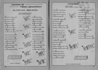(
Canciones del .~~~.~.~~~~~~~~
,,~.~.~~~..~~~Folklore Latinoamericano
~SI COMO ~OY M~T~N NEGROS
(Pablo Neruda-5ergio Ortega)
CANTA: INTI-I LLiMANI
20 20
1 ~'-~r<'3'fOr;As! como hoy malan negros Un d(a por la vereda
21
b 
21B   o."
antes fueron mexican os,   "'''~ paso un caballo de seda
10 11 -1"  10 11
as(, matando chilenos, ahora por los caminos
10 11 10 11
nicaragUenses, peruanos galopa nuestro destino
22 ' 28 11- I .I t' 22 28
se desataban los gri ngos Ycomo las amapolas
2~, , (B ,10 11 10 11
con instintos inhumanos, b.  ~~ se encendieron sus pistolas
22 28 t  22 28
se desataban los gringos t Ycomo las amapolas
10 11 20-2-1-22-1 10 11con instintos inhumanos. se encendieron sus pisto as,
1 28
Quien les disputa el terreno
1 28
Quien les disputa el terreno
1
y quien de frente los reta?
1
y quien de frente los reta?
28
qu ien les disputa el terreno
28
quien les disputa el terreno
2 1 2 1 

Yquien de frente los reta? 
 Y quien de frente los reta?
22 2822 28
en un bandido chileno 11 es un bandido chileno
10 1110 11
es nuestro Joaqu(n Murrietaes nuestro Joaqu(n Murrieta
22 2822 28
es un bandido chilenoes un bandido chileno
10 11 20 - 2 - 20 10 11
es nuestro Joaqu(n Murrieta. es nuestro Joaqu(n Murrieta,
20 21
v 5a.

b - --- 2~1 -. t~ 

I ~6"
L 1-1 -·0-- - -- 2--3 aJ___ .
A-sl' co-mo hoy ma-tan ne-gros
..J
22
RI TMO: HU APANGO
2
A DESALAMORAR
(Dan iel Viglietti) 

CANTA : ISABEL Y ANGEL PA RRA 

15 16 15
Yo pregunto a los presentes A desa lambrar, a desalambrar
16
si no se han puesto a p'ensar que la tierra es nuestra,
1 1 '-I'r<'.~ r; 15
que esta tierra es de nosotros es tuya y de aquel,
12 15 12. 1
Y no del que tenga mas. de Pedro y Ma ria, de Juan y Jose
:~ 16 15
16 15 (de Pedro y Mar(a, de Juan y Jose).
A desalambrar, a desalambrar 15
16 Yo pregunto a los presentes
que la tierra es nuestra,
15 si no se han puesto a pensar
es tuya y de aquel,
1
12 1 que esta tierra es de nosotros
de Pedro y Maria, de Juan y Jose,
12 15
16 15 Yno del que tanga mas.
(de Pedro y Maria, de Juan y Jose).
16 15
15 A desalambrar, a desalambrar
Yo pregu nto si en la tierra 16
que la tierra es nuestra,
nunca habrc1 pensado usted 15
1 es tuya y de aquel,
que si las manos son nuestras 12 1
12 15 de Pedro y Mar(a , de Juan y Jose,
es nuestro 10 que nos den. 16 . 15
(de Pedro y Maria, de Juan y Jose).
16 15
A desalambrar, a desalambrar
16
que la tierra es nuestra ,
15
es tu ya y de aquriH,
12 1
de Pedro y Mar (a, de Juan y Jose, 16
16 15
(de Pedro y Maria, de Juan y Jose) .
15
5i molesto oon mi canto
a alguno que ande por ah(,
1
Ie aseguro que as un gringo
12 15 E4_H-C'="M~o un duen o del Uruguay.
Yo pre -gun -t~ los pre-sen-tes
RITMO: BALADA A RPEGIADA
13
 