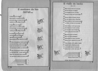 rn:~ ~@mm[Q)(f@(f@ @l@ ~@@
~~ WO@~ll(fi) @l@ (Q)@~[[u@
(D. A. R.)
15 

Becho toca el vi"ol In en la orquesta
16 

cara de chiquil In sin maestra
15 

y la orquesta no sirve, no tiene
16 15 

mas que un solo violin que Ie duele - e.
15 

Porque a Becho Ie duelen violines
16 

que son como su amor, chiquilines
16 

Becho quiere un violin que sea hombre
16 15 

Y al dolor y al dolor no los nombre - e.
15 

Becho tiene un viol In que no ama
16 

.pero siente que el violin 10 llama
15 

por las noches como arrepentido
16 15 

vuelve a amar ese triste sonido - o.
15 

Mariposa marr6n de madera
16 

nino viol In que se desespera
15 

cuando Becho no toca y se calma
16 15 

queda el viol In sonando en su alma - a.
15 

Vida y muerte, violin, padre y madre
16 

canta el viol In y Becho es el aire
15 

ya no puede tocar en la orquesta
16 15 

porque amar y cantar, eso cuesta - a.
1~6'('~c.- :

----0-2 2J~:
t
0
0-1-1-0~2;: 0
Be-cho to-=-ca el ~
RITMO: BALADA ARPEGIADA
(Pedro Shimose)
CANTA: INKA TAKI
15 3 

A esa pelada yo Ie regalare
2 1 

para su santo un sombrero de Sao
3 

pa' que se tape y me tape a m f tambien
16 15 

cuando yo la bese debajo 'el ocona.
15 3 

A esa pelada yo Ie regalare
2 1 

para su santo un sombrero de Sao
3 

pa' que se tape y me tape a m I tambien
16 15 

cuando yo la bese debajo 'el ocona.
3 2 1 

Si la tranchera me pide su mama 

3 2 1 

con el sombrero yo la saludare
3 15 

oiga senora yo Ie contestare
16 15 

senora buenas tardes, como Ie va a usted.
15 3 

01, flojo, sinvergUenza, tiravida, que queres
15 

a su hija dona Elsa, a quien mas ha de ser
16 

acaso con canciones la vas a mantener.
15 

con canciones no senora. con este corazan.
15 3 

01, flojo, sinverguenza, tiravida, que queres
15 

a su hija dona Elsa, a quien mas ha de ser
16 

acaso con canciones la vas a mantener
15 

con canciones no senora, con este corazan.
"6•.
0
~' ('
b
~t
B
«""'O< ('
b 
B
~t

!~
b~
~~
b~
1~!tI'('b (
8 

3
5•.
2-2-4::_ 2•. 0 ( 33-vr----- 0-0---- ---- ,..- - -- ---.­
Ae-sa pe-Ia-da
32 

 