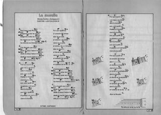 [L@ mruQJJ(f@~~@
Nicolas Guillen-Quilapayum) 

CANTAN: LOS CALCHAKIS 

c.	 __, tf" .~~.,
Para hacer esta Muralla 	 Pun pun qUlen es
~""'... 111:~Iraiganme todas las manos 	 al coraz6n del amiaoC ..
"'~ p- 'E:~
tralganme todas las manos 	 abre la muralla
..~'"' 	 F' ~,
los negros sus manos negras al veneno y al runal 

~ ~. G..~.c. C. 

los blancos sus blancas manos. cierra la mural!a 

F ~ 

c.	 St.,. al mirto y la ·t~fbc;lbllena
Un<: IViuralia que vaya c..
-AfW F' £ P' abre la mura'til
d'3',de let playa hasta el mont'~ F t':lt1ll,
,.bt'l F 1&::""'" al diente de la serpiente
desde la playa hasta el monte t:.
.A~ cierra la muralla 

desde el monte hasta la pl.'Y2 

t:, dl ~'"f" a=..,... ~,...c.	 aI corazon e amigo
c.. .alia por el horizonte. 

abre la mllralla 

c. . F ~, 	 .. ~ C ~":I
Pun pu' qU'el' es 	 al ruisefiul' en la flo - 0 - or.
C. 

una roSe y un clave: t: ~~ 

... ~~ Alcemos esta rTluralla 

Ebre 13 rnurai;a .A~ F' 'Ii:"'" 

~ C. iuntando todas las manos 

pun, oun qllien ~s • D.tn. F ~ "'" 

,... ~~ Juntando todas las manos 

Elsabel el Coronp.1 .h~ 

C. 	 los negros SIJS manos negras
cierra la !TIL'ralla, F s:.0 lSrt"'C'..
F" .... los blancos SLiS blancas manos.~~
pun, pun qUien es 

'C. c. ~~ 

la paloma '/ el auret, 	 Una muralla que vaya
s	A", ~ c;:..f" E.'l
abre la murafla desde IC!.. fllaya hasta el monte
,.c. 1I-f:....... F E."
pun pun, Quien as desde la playa hasta el m~l'r)
F ! . .~.,
eI gusano y e Clemplt:s 	 desde rl.mol"te hasta la playa
C. 	 F 'E.'1W ",,,"'<:­
cierra la muralla. 	 alia por el horizonte.
RITMO: HUPANGO
~ 

I
1:1
J
~
~
,"
1
I
~
1~~1('B 
b  ,

Co ~ G..~
Pun pun qUlen es
II '1::t rosa y un clav~ 

f ~~ 

abre la muralla
,. C
pun, Dun quien p~
:f ~T
Elsabel el Coronel
C.
cierra la muralla
e .~ Gt~
pun pun qUien eS'
C
la paloma v el laurel
F. ~.,
abre la murcilla
."pun pun qUien es
C.
eI ~ I' '~'1-gusano y e clempies 

G 

cierra la muralla. 

~ . ~ <""'':t
Pun pun qUien es
al coraz6n del amigo
abre 1:-, ,. .I !iTa
al venfno y al pu~.,
C
cierra I;:> rnuralla
al mirtfy la yerbabu~~
C
abre la muralla
al dientfde la serpie~,.
C.
cierra la muralla ,
al corfz~n del am~T
C. 

abre la muralla 

~ . Gt~
al ruisenor en la flo ··0 - or.
C. 

Abre la Muralla. 

6-----•.
--o-o--o-o-o-3-'-·i~
CJ
o
Pa-raha-cer es-ta mu-ra-lia
I 47 ~l
 