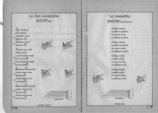 [L@ ~@(f1) [L@(J@(f1)f1:0(f1)@
(Arr. Inca Taki)
CANTA: INCA TAKI
15 1 

CucH es esa paloma
9 1 

que va volando
publicando su retiro
16 15 

dejando el nido
1 

publicando su retiro
16 15 

dejando el nido.
15 1 

Yo quisiera que vuelva
9 1 

vuelva conmigo
y que se acuerde mi negra
16 15 

que la hH qUl:!rido 

1 

y que se acuerde mi negra 

16 15 

que la he querido.
15 1 15 1 

Sanlorenzina de mis amores
f15~1~ 1~61'(tu eres la reina mi vida B I 
 B (b16 15 

entre las flores
 
1 

tu eres la reina mi vida
16 15 

entre las flores.
15 1 15 1 

Sanlorenzina de mis amores
tu eres la reina mi vida
16 15 

entre las flores
t6 eres la reina mi vida
1
-------------o--o-o-o~~ o
16 15 ~2~ o 
---------~1 •.entre las flores.
Cual es e-sa "'-----...:
RITMO: CUECA
[L@ W@(f1)@@O~@
(Dominio Publico) 

CANTAN: LOS FOLKLORISTAS 

1 

Venadita, venadita
2 1 

no bajes a los tambores
no te vayan a matar
2 1 

los tiradores de amores.
1 

Venadita, venadita
2 1 

no bajes a los tambores
no te vayan a matar
2 1 

los tiradores de amores.
1 

Venadita, venadita
2 1 

no bajes a Jilotlan
no te vayan a matar
2 1 

los tiradores del plan.
1 

Venadita, venadita
2 1 

no bajes a Jilotlan
no te vayan a matar
2 1 "~1 ; ('

los tiradores del plan. b '" !
B 
~
---------:::::~I~E:0
o ~.32
h.
•. 03-3-3 ••
----.........==-­
Ve-na-di-ta
RITMO: SON
[ 5-;-'IJ
50
 