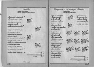 [LOmTI1@@@
(Augusto Polo Campos) 

CANTA: MARIA DOLORES PRADERA 

1 2 1 10 

Umena que tienes alma de tradicion
9 1 

repican las castanuelas de tu tac6n
2 
 1~pasito a paso vas caminando
1 :~por la vereda que va entonando 

2 

como si fuera un bordon 

1 2 1 10 

compases de marinera con tu tac6n. 

9
' (' 

Boquita de caramelo, cutis de seda B
b ( 

1 

magnolia que se ha escapado de la alameda 
 ~2 

en tu sonrisa hay un panuelo 

1 

que enamorado lIega hasta el cielo 

periumado de jazm (n
2
b~1 2 1 10 

para bailar marineras por San Martfn. B~
9 

Boquita de caramelo, cutis de seda 

1 

magnolia que se ha escapado de la alameda 

en tu sonrisa hay un panuelo
2
1~O1('1 b t 

I que enamorado "ega hasta el cielo  

2 

periumado de jazm In 

1 2 1 10 

para bailar marineras por San Martin.
9 

Boquita de caramelo, cutis de seda... etc. ~
2 15a. 0
, 4e.
- t - 1 38.
28. 0
- -<..1e.
Li-me-na- ­
RITMO: VALS
[]J@@@~~@ @ mrnO ~QJ1@rr~@ @[Q)O@~@
(Pablo Milanes) 

CANTA: PABLO MILANES 

1 
 1 

Llegaste a mi cuerpo abierto 
 Si algun d fa terminara 

16 15 
 16 15 

Y yo todo me entregue este sueno que he vivido
21 10 9 
 21 10 9 

por mas que re f lIore te estoy muy agradecido
6 22 
 6 22 

porque romper es comienzo. nunca pense que asf amara
2 1 

2 1 vale mas poco'con ganas 

Comenzar es desacierto 16 15 

8 16 que mucho sin ser querido.
b~ 
pisar en parajes blandos
4 3 B~ 

Y aunque me hunda hasta el fango
2 1 

caminare largo trecho.
Tal vez sean ilusiones
1
B~ ~~1F;­16 15 ~ e  t 

pues si algo "ega a pasar
b~ :~21 10 9  

yo no me voy a ca"ar
6 22 

ni tu me haras concesiones
2 1 

amor que encierra perdones
16 15 

1~¢1('mal tiene que terminar. b t
B
1.
Cuando la esperanza ajena
16 15 

se clava en tu porvenir 

21 10 9 

me empefio en verte re(r
6 22 

~~..,.~",('
para conocerte plena. B I 


2 1 

Me empeno y encuentro buena
8 16 

tu alma y lIego a pensar 

4 3 

que amor y belleza van 

2 1 ·6e. 

contra las malas ideas; 0
15a

. 00-0 4a.
38.
0LJ 28.
e-gas-te - - ------<...18.
[53 '11
 