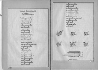 16 15 

Yen algo nos parecemos
16 15 

luna de la soledad
3 15 

yo voy andando y cantando
16 15 

que es mi modo de alumbrar
3 15 

yo voy andando y cantando
16 15 

que es mi modo de alumbrar.
2 1 

Perdido en las cer(a~di1e'i
2 1 

quien sabe vidita por d6nde andare
3 15 

mas cuando salga la luna
16 15 

cantare, cantare,
3 15 

a mi Tucurrnm Qt1erido
16 15 

cantare, cantare.
[LMLf1)@ ~M~Mrnru@Lf1)@
(A. Yupanqui) 

CANTA: LUCHO GATICA 

15 16 15 

Yo no Ie canto a la luna
16 15 4 

porque alumbra nada mas
3 15 

Ie canto porque ella sabe 

. 16 15 4 

de mi largo caminar,
3 15 

Ie canto porque ella sabe
16 15 

de mi largo caminar.
16 15 

Ay lunita tucumana 

16 15 4 

tamborcito calchaqu i 

3 15 

companera de los gauchos 

16 15 4 

de los cerros de Tandil, 

3 15 

companera de los gauchos
16 15 

de los cerros de Tandil.
2 1 

Perdido en las cerrazones
2 1 

quien sabe vidita por d6nde andare
3 15 

mas cuando salga la luna 

16 15 4 

cantare, cantare, 

3 15 

a mi Tucuman querido
16 15 

cantare, cantare.
16 15 

Con esperanza 0 con pena 

16 15 4 

en los campos de Acheral
3 15 

yo he visto a la luna buena
16 15 

besando el canaveral,
b
B
~5~~('b (

1>"
-------------lSa. o- - 4 4 4 1.
-2-2-0--- 2-0~ 3..
-------------i 21. o- - - - -.-----~h .
Yo no Ie can-toa la lu-na
..... RITMO: ZAMBA
" r
B '
b
~(


3 15 

O?Jlyo he visto a la luna buena
16 15 

besando el canaveral.
L(~
 