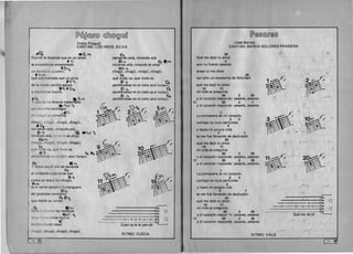 ~@~@(f@ ~[hj@@MD
(Indio Pitagua) 

CANTAN: LOS HNOS. SILVA 

Nt . e."'lCuenta la levenda que en un arbol
,<­se encontraba encaramado
un indieci to guara~?':t
. ~ 'f""I
que sobresaltado por un grito
.,O~
de ia madre perdio apovo
~Gt • Ott
'" cavendose rnuriO.
' G, • f_frI
Y que de los brazos maternales
....~o '"por extrano sortilegio
en choqui se convi~c...
chogui. chogui. chogui. chogui,
tG3
cant.mao esta, mirando aca,
. [>;t II' . ' I ~ W:>ol qmlranao a a, v ..H '0 se a eJo,
OJ,"f''"
chogul, chogui, choglii, chogui,
que ~dO va, que lindo es
·~'t I . I I ~dperolen ose en e cle 0 aZlJ turqu I.
Gt &p
Y desde aquel d fa se recuerda
<it
al indiecito cuando se ove
~.q
como un eco a Ios chOgUI,
'A#>l
es el ca'1to a/egre V bullanguero
. 1)
· . '
deI gracloso naranJero
que repite su cant~.()'l
G E¥Y)
Salta V picotea las naranjas
150 ~
desu fruto brota herida
C
repitier Jo sin cesar
choglii, chogui, chogui, chogui,
"70
cant~o esta, mirando aca
1)" ~."I
mirando alia, volando se alejo
Db"
chogui, chogui, chogui, chogui,
tit
que lindo va, que linda es
V'} ~
perdiendose en el cielo azul turqu I,
d'~d;'" I' I I ~per len ose en e cle 0 azu turqu I,
d·!'d'). I' I I ~per It:n ose en e cle 0 azu turqu I.
.2~..~ ~
)~:>"B 
 :~
B
b
. I~5•. 0
------------~. 4•.
- - - - - - - - - - - - - - ! 3• .
3-3-3-3-3 o~. 0
-·-Cue·n-ta la le-ven-da le.
RITMO: CUECA
~@~@(f@~
(Jose Barros)
CANTAN: MARIA DOLORES PRADERA
20
Que me dejo tu amor 

2 

que no fueran pesares 

acaso tu me diste
20
tan solo un momento de felicidad
que me deja tu amor
10 11
mi vida se pregunta
20 2 20
V el corazon responde: pesares, pesares
11 20 2 1
V el corazon responde: pesares, pesares.
1
La primavera de mi corazon
3 2
contigo no tuvo perfumes
3
V hasta mi propia vida
2 1
se me fue lIenando de desilusian
20
que me dejo tu amor
10 11
mi vida se pregunta
20 2 20
V el corazon responde: pesares, pesares
11 20 2 20
vel corazon responde: pesares, pesares.
1
La primavera de mi corazon
3 2
contigo no tuvo perfumes
3
V hasta mi propia vida
2 1
se me fue lIenando de desilusi6n
20
que me dejo tu amor,
10 11
mi vida se pregunta
20 2 20
V el corazon respo'" -I,,!: pesares, pesares
11 20 2 20
vel corazon responde: pesares, pesares.
~
B
wt
('I
'b~2'('B I
b
 

. :j~0. 5•.
------()----O-=_2_0 :::
-.- m-e---------Qu-e- de---jO-~ le.lL:
RITMO: VALS
[ 71 ~l
 