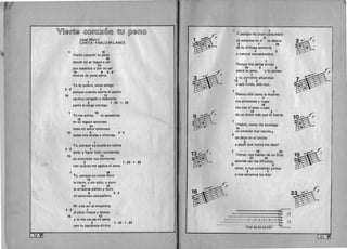 WO@(f~@ ~@(f@~@lfU ~M W>@lfU@
(Jose MartI) 

CANTA: PABLO MILANES 

1 16
Vierte corazon tu pena
15
donde no se lIegue aver
21
por soberbia V por no ser
10 9 3 - 2
motive de pena ajena.
1
Yo te quiero, verso amigo
3 - 2 	 1
15
porque cuando siento el pecho
13
va muv cargado V deshecho
3 1-23-1-23
parto la carga contigo.
1 16
Tu me sufres, tu aposentas
15
en tu regazo amoroso
21
todo mi amor doloroso
10 9
todas mis ansias V afrentas.
3 - 2
1
Tu, porque VO pueda en calma
3-2 1
amar V hacer bien, consientes
15 	 13
en enturbiar tus corrientes
2 	 1 - 23 - 1 - 23
con cuanto me agobia el alma.
1 	 16
Tu, porque VO cruce fiero
15
la tierra, V sin odio, V puro
21 10
te arrastras palido V duro
9 3 - 2
mi amoroso compaiiero.
1
Mi vida asf se encamina
3-2 1
al cielo limpia V serena
15 	 13
V tu me car~as mi pena
2 1 - 23 - 1 - 23
con tu paciencia dil!ina.
84 

~
1 ('
:  (

1"O~"1('B (
..
7
Y porque mi cruel costumbre
3
de echarme en ti te desvfa
2 1 15
de tu dichosa armon fa
3 2
V natural mansedumbre.
1
Porque mis penas arrojo
15 3 2
sobre tu seno, V 10 azotan
V tu corriente alborotan
15 3 2
l 	
1
V aca I(vido, alia rojo.
1 	 3
Blanco alia como la muerte
7
ora arremetes V ruges
15
ora con el peso crujes
13 2
de un dolor mas que tu fuerte.
1 

8~  lHabre, como me aconseja 

b~'
15
un corazon mal nacido,.
3
de dejar en el olvido
2
a aquel que nunca me deja?
1 16 15
iVerso, nos hablan de un Dios
1~3~'	
I~
..... , 21 10
B
.... ''. _ 	 adonde van los difuntos:
9 3
verso, 0 nos condenan juntos
2 1
o nos salvamos los dos!
o
-------2-2-2,-,~g
- - -----l1211. o
~1a .
Vier-te co-ra-zon
[8S=vI 

 