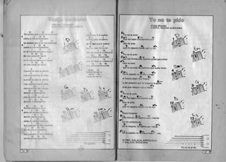 - -- -
,.i>.lLUMAKIS
16 1
Yo quiero que a m·rme entlerren
9 1 13 ' 16
como a mis anteoasado
2
yo quiero que a m f me entierren
9 1 13 15
COIT'O a rni" antepasado~
1 12 1
en el vientre oscuro y 1.
13 16 15
de una vasija de barro
, 12'1
en el vientre oscuroy f
3 18 16
de una vasija debarro.
9 

Cuando la vida se pierda 

tras una
8
cortina de
1
aHa: 

9 

cuando la
2
16
vida 

8
tras una cortin
vivinin a flor
13
amores y d
1 17 1
viviran a flor del 'tiempo
13 16 15
amores y <1esenganos.
51 12 13
ArcilIa cocida y dura
9 1 13 15
alma de verdes collsdos
12 13 

arcilla cocida y duro

1 13 15
alma de verdes
1 12 

luz y sangre de rT'i

13 16 ·' 

sol de mis <lritepassd
~n
, 121
luz y sangr~ dl:! mis homb
13 16 '16
sol de mis aotepasad
86 

nac( a t i vuelvo
1
so de barro
de t i nac i y a ti vuelvo
8 1
lu vasa de barro
1 12 1
con mi fl1uI'!rte vuelvo a ti
3 16 15
ti, .polvo enamorado
1 12 1
n ml muerte vuelvo a ti
13 16 15
,polvo enamorado.
~("l"' 

:2 6 8
1 .
-"2 Sa. 04..
3e.
2a. 0
l e.
'if@ @@ ~@ @O@@
(Pablo Milanes) 

CANTA: NACHA GUEVARA 

"'0no te pido
e..~ I£' m 1:)

que me bajes una estrella CUl/1

1b
s610 te pido
"]) ~ ~ 

que mi espacio lIen~s con lu luz. 

~~t.:yo no te pido B I
b
& "= E., b
que me firmes diez p8r>tiIt·S grises para amar
~ ~s610 te pido
:t,) G. ~
~~que t6 quieras las pillornils que suelo mirar.
e. ~ & _ ~ ~De fo pasado no ro v'hy .1 negar
:J) L, B~el futuro algllf1 ell d IIt·q.lra
~M
y del presen tn '11 11' fl ' Importa la gente
ll"::i.
si es que siemprl' V .1/1 cl h'llJlar.
~o no te pido
40 ..": £r, "D
que Me bajes lin" I·'!I trl~lI.. awl
t>]b ' 1 'dso 0 te PI 0
:l> ~ ~ 12~"~('
que mi espacio IItHu' I nn tu luz. 8
b !
~igue lIenando
~~ ': . ~_O .
este mmut o aeralon,·') P.,lfil resplrar
1~3";'~ t
B  !no me complazcas b
]) C"l 16 
 

no te niegues, no hableo; pOI hublar. 

A3. :=to II"" ~De 10 pasado no Iovoy a Iltlqllt . .. etc.
'6a.
Sa. 0
411.
- - ---------i 3a.
RITMO : SALADA ARPEGI ADI
Y SALA DA MODE RNA - -- - - - - - 0 - 0--0-1-0 2a. 0
~ -----~- la.
Yo no te pi-do
~ . 

~
 