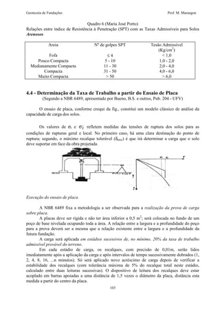 Geotecnia de Fundações Prof. M. Marangon 
Quadro 6 (Maria José Porto) 
Relações entre índice de Resistência à Penetração (SPT) com as Taxas Admissíveis para Solos 
Arenosos 
Areia No de golpes SPT Tesão Admissível 
, refletem medidas das tensões de ruptura dos solos para as 
103 
(Kg/cm2) 
Fofa £ 4  1,0 
Pouco Compacta 5 - 10 1,0 - 2,0 
Medianamente Compacta 11 - 30 2,0 - 4,0 
Compacta 31 - 50 4,0 - 6,0 
Muito Compacta  50  6,0 
4.4 - Determinação da Taxa de Trabalho a partir do Ensaio de Placa 
(Segundo a NBR 6489, apresentado por Bueno, B.S. e outros, Pub. 204 - UFV) 
O ensaio de placa, conforme croqui da fig., constitui um modelo clássico de análise da 
capacidade de carga dos solos. 
Os valores de sr e sr 
condições de rupturas geral e local. No primeiro caso, há uma clara destinação do ponto de 
ruptura; segundo, o máximo recalque tolerável (dmax) é que irá determinar a carga que o solo 
deve suportar em face da obra projetada. 
Execução do ensaio de placa. 
A NBR 6489 fixa a metodologia a ser observada para a realização da prova de carga 
sobre placa. 
A placas deve ser rígida e não ter área inferior a 0,5 m2; será colocada no fundo de um 
poço de base nivelada ocupando toda a área. A relação entre a largura e a profundidade do poço 
para a prova deverá ser a mesma que a relação existente entre a largura e a profundidade da 
futura fundação. 
A carga será aplicada em estádios sucessivos de, no mínimo, 20% da taxa de trabalho 
admissível provável do terreno. 
Em cada estádio de carga, os recalques, com precisão de 0,01m, serão lidos 
imediatamente após a aplicação da carga e após intervalos de tempo sucessivamente dobrados (1, 
2, 4, 8, 16, ...n minutos). Só será aplicado novo acréscimo de carga depois de verificar a 
estabilidade dos recalques (com tolerância máxima de 5% do recalque total neste estádio, 
calculado entre duas leituras sucessivas). O dispositivo de leitura dos recalques deve estar 
acoplado em barras apoiadas a uma distância de 1,5 vezes o diâmetro da placa, distância esta 
medida a partir do centro da placa. 
 