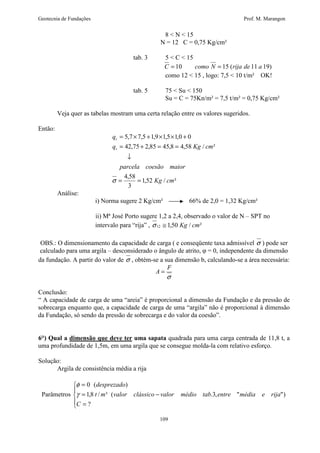Geotecnia de Fundações Prof. M. Marangon 
8  N  15 
N = 12 C = 0,75 Kg/cm² 
tab. 3 5  C  15 
C = 10 como N = 15 (rija de 11 a 19) 
como 12  15 , logo: 7,5  10 t/m² OK! 
tab. 5 75  Su  150 
Su = C = 75Kn/m² = 7,5 t/m² = 0,75 Kg/cm² 
Veja quer as tabelas mostram uma certa relação entre os valores sugeridos. 
= ´ + ´ ´ + 
5,7 7,5 1,9 1,5 1,0 0 
= + = = 
42,75 2,85 45,8 4,58 / ² 
r 
q Kg cm 
¯ 
parcela coesão maior 
F 
0 ( desprezado 
) 
1,8 / ³ ( .3,  ) 
109 
Então: 
1,52 / ² 
4,58 
3 
Kg cm 
q 
r 
= = 
s 
Análise: 
i) Norma sugere 2 Kg/cm² 66% de 2,0 = 1,32 Kg/cm² 
ii) Mª José Porto sugere 1,2 a 2,4, observado o valor de N – SPT no 
intervalo para “rija” , s 12 @ 1,50 Kg / cm² 
OBS.: O dimensionamento da capacidade de carga ( e conseqüente taxa admissível s ) pode ser 
calculado para uma argila – desconsiderado o ângulo de atrito,  = 0, independente da dimensão 
da fundação. A partir do valor de s , obtém-se a sua dimensão b, calculando-se a área necessária: 
s 
A = 
Conclusão: 
“ A capacidade de carga de uma “areia” é proporcional a dimensão da Fundação e da pressão de 
sobrecarga enquanto que, a capacidade de carga de uma “argila” não é proporcional à dimensão 
da Fundação, só sendo da pressão de sobrecarga e do valor da coesão”. 
6°) Qual a dimensão que deve ter uma sapata quadrada para uma carga centrada de 11,8 t, a 
uma profundidade de 1,5m, em uma argila que se consegue molda-la com relativo esforço. 
Solução: 
Argila de consistência média a rija 
  
f 
Parâmetros  
= 
= - 
= 
? 
C 
t m valor clássico valor médio tab entre média e rija 
g 
 