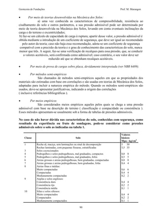 Geotecnia de Fundações Prof. M. Marangon 
· Por meio de teorias desenvolvidas na Mecânica dos Solos: 
a) uma vez conhecida as características de compressibilidade, resistência ao 
cisalhamento do solo e outros parâmetros, a sua pressão admissível pode ser determinada por 
meio de teoria desenvolvida na Mecânica dos Solos, levando em conta eventuais inclinações da 
carga e do terreno e excentricidades; 
b) faz-se um cálculo de capacidade de carga à ruptura; apartir desse valor, a pressão admissível é 
obtida mediante a introdução de um coeficiente de segurança, que deve ser igual ao recomendado 
pelo autor da teoria; caso não haja essa recomendação, adota-se um coeficiente de segurança 
compatível com a precisão da teoria e o grau de conhecimento das características do solo, nunca 
menor que três. A seguir, faz-se uma verificação de recalques para essa pressão, que, se conduzir 
a valores aceitáveis, será confirmada como admissível; caso contrário, o seu valor deve ser 
reduzido até que se obtenham recalques aceitáveis. 
· Por meio de prova de cargas sobre placa, devidamente interpretada (ver NBR 6489). 
· Por métodos semi-empíricos 
São chamados de métodos semi-empíricos aqueles em que as propriedades dos 
materiais são estimadas com base em correlações e são usadas em teorias de Mecânica dos Solos, 
adaptadas para incluir a natureza empírica do método. Quando os métodos semi-empíricos são 
usados, deve-se apresentar justificativas, indicando a origem das correlações 
( inclusive referências bibliográficas ). 
· Por meios empíricos 
São considerados meios empíricos aqueles pelos quais se chega a uma pressão 
admissível com base na descrição do terreno ( classificação e compacidade ou consistência ). 
Esses métodos apresentam-se usualmente sob a forma de tabelas de pressões admissíveis. 
No caso de não haver dúvida nas características do solo, conhecidas com segurança, como 
resultado da experiência ou fruto de sondagens, pode-se considerar como pressões 
admissíveis sobre o solo as indicadas na tabela 1. 
Classe 
Solo 
90 
Valores 
básicos 
Mpa - kg/cm2 
1 Rocha sã, maciça, sem laminações ou sinal de decomposição 5 50 
Rochas laminadas, com pequenas fissuras, estratificadas 3,5 35 
3 Solos cocrecionados 
4 Pedregulhos e solos pedregulhosos, mal graduados, compactos 0,8 8 
5 Pedregulhos e solos pedregulhosos, mal graduados, fofos 0,5 5 
6 Areias grossas e areias pedregulhosas, bem graduadas, compactadas 0,8 8 
7 Areias grossas e areias pedregulhosas, bem graduadas, fofas 0,4 4 
8 Areias finas e médias: 
Muito compactadas 
Compactadas 
Medianamente compactadas 
0,6 6 
0,4 4 
0,2 2 
9 Argilas e solos argilosos: 
Consistência dura 
Consistência rija 
Consistência média 
0,4 4 
0,2 2 
0,1 1 
10 Siltes e solos siltosos: 
Muito compactados 
Compactados 
Medianamente compactados 
0,4 4 
0,2 2 
0,1 1 
 