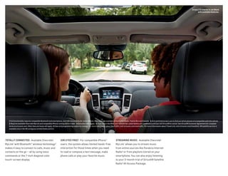 Cruze LTZ interior in Jet Black
with available features.
STREAMING MUSIC.  Available Chevrolet
MyLink1
allows you to stream music
from online sources like Pandora Internet
Radio4
or from playlists stored on your
smartphone. You can also enjoy listening
to your 3-month trial of SiriusXM Satellite
Radio5
All Access Package.
1 Full functionality requires compatible Bluetooth and smartphone, and USB connectivity for some devices. Map coverage available in the United States, Puerto Rico and Canada.  2 Go to gmtotalconnect.com to find out which phones are compatible with the vehicle.
3 Requires available Chevrolet MyLink and compatible iPhone running iOS 6 or later.  4 Data plan rates apply.  5 If you subscribe after your trial period, subscriptions are continuous until you call SiriusXM to cancel. See SiriusXM Customer Agreement for complete
terms at siriusxm.com. Other fees and taxes will apply. All fees and programming subject to change. For more information about NavTraffic, visit siriusxm.com/navtraffic. For more information about Travel Link, visit siriusxm.com/travellink. XM satellite service is
available only in the 48 contiguous United States and D.C.
TOTALLY CONNECTED.  Available Chevrolet
MyLink1
with Bluetooth® wireless technology 2
makes it easy to connect to calls, music and
contacts on the go — all by using voice
commands or the 7-inch diagonal color
touch-screen display.
SIRI EYES FREE.3
  For compatible iPhone®
users, the system allows limited hands-free
interaction for those times when you need
to read or compose a text message, make
phone calls or play your favorite music.
 