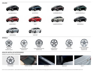 WHEELS
PERSONALIZE YOUR CRUZE AT CHEVROLET.COM/ACCESSORIES
DEALER-INSTALLED ACCESSORIES
COLORS
BLACK GRANITE METALLIC 1, 2
SIREN RED TINTCOAT 1, 4 RED HOT 
AUTUMN BRONZE METALLIC 1, 4BLUE RAY METALLIC 3
SUMMIT WHITESILVER ICE METALLIC
RAINFOREST GREEN METALLIC 1, 4
TUNGSTEN METALLIC 4CHAMPAGNE SILVER METALLIC 4
17 Chrome Wheels All-Weather Floor Mats Door Sill Plates Splash Guards 5 Spoiler 5, 6, 7
1 Extra-cost color.  2 Not available on L.  3 Not available with Brownstone interior.  4 Not available on L or LS.  5 Not available with RS Package.  6 Not available with Siren Red Tintcoat exterior color.  7 Not available with Autumn Bronze Metallic exterior color. 
16 Silver-Painted
Wheel Cover
(Standard on L and LS)
16 5-Spoke
Machined-Face Aluminum
(Standard on 1LT)
17 15-Spoke
Forged Lightweight Polished Alloy
(Standard on Eco)
17 Aluminum
(Standard on Diesel) 
17 5-Spoke
Flangeless Aluminum
(Standard on 2LT)
18 Split 5-Spoke Flangeless
Silver-Painted Alloy
(Standard on LTZ)
 