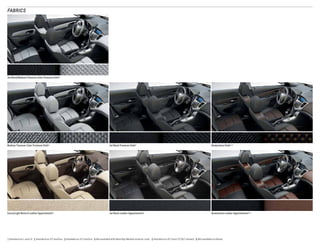 FABRICS
Jet Black/Medium Titanium-Color Premium Cloth 1
Medium Titanium-Color Premium Cloth 2 Jet Black Premium Cloth 3 Brownstone Cloth 3, 4
Cocoa/Light Neutral Leather Appointments 5 Jet Black Leather Appointments 5 Brownstone Leather Appointments 5, 6
1 Standard on L and LS.  2 Standard on 1LT and Eco.  3 Available on 1LT and Eco.  4 Not available with Blue Ray Metallic exterior color.  5 Standard on 2LT and LTZ (2LT shown).  6 Not available on Diesel.
 