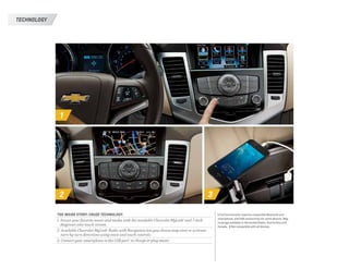 1
32
THE INSIDE STORY: CRUZE TECHNOLOGY.
1. Access your favorite music and media with the available Chevrolet MyLink 1
and 7-inch
diagonal color touch-screen.
2. Available Chevrolet MyLink 1
Radio with Navigation lets you choose map view or activate
turn-by-turn directions using voice and touch controls.
3. Connect your smartphone to the USB port 2
to charge or play music.
1 Full functionality requires compatible Bluetooth and
smartphone, and USB connectivity for some devices. Map
coverage available in the United States, Puerto Rico and
Canada.  2 Not compatible with all devices.
TECHNOLOGY
 