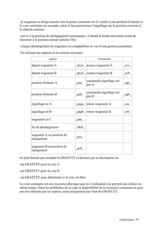 -le wagonnet se dirige ensuite vers la partie commune où il s’arrête à une position d’attente si
la voie commune est occupée, sinon il faut positionner l’aiguillage sur la position correcte et
le chariot continue ;
-arrivé à la position de déchargement automatique, il attend le temps nécessaire avant de
retourner à la position initiale (attente 10s).
-chaque déchargement de wagonnet est comptabilisé en vue d’une gestion journalière.
En utilisant les capteurs et les actions suivantes:
capteur Commande
départ wagonnet A _dcya_ avance wagonnet A _ava_
départ wagonnet B _dcyb_ avance wagonnet B _avb_
position d'attente A _paa_
commande aiguillage sur
pos A
_aga_
position d'attente B _pab_
commande aiguillage sur
pos B
_agb_
aiguillage en A _paga_ retour wagonnet A _ara_
aiguillage en B _pagb_ retour wagonnet B _arb_
wagonnet en C _pdc_
fin de déchargement _fdch_
wagonnet A en position de
chargement
_pca_
wagonnet B en position de
chargement
_pcb_
on peut donner par exemple le GRAFCET ci-dessous qui se décompose en:
-un GRAFCET pour la voie A
-un GRAFCET pour la voie B
-un GRAFCET pour déterminer si la voie est libre
La voie commune est une ressource physique que les 2 utilisateurs ne peuvent pas utiliser en
même temps. Dans les problèmes de ce type la disponibilité de la ressource commune ne peut
pas être détectée par un capteur, mais uniquement par l'état du GRAFCET.
Grafcet page : 39
 