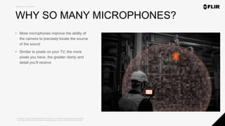 Proprietary - Company Confidential ©2020 FLIR Systems Inc. Information and equipment described herein
may require US Government authorization for export purposes. Diversion contrary to US law is prohibited.
WHY SO MANY MICROPHONES?
• More microphones improve the ability of
the camera to precisely locate the source
of the sound
• Similar to pixels on your TV, the more
pixels you have, the greater clarity and
detail you’ll receive
 