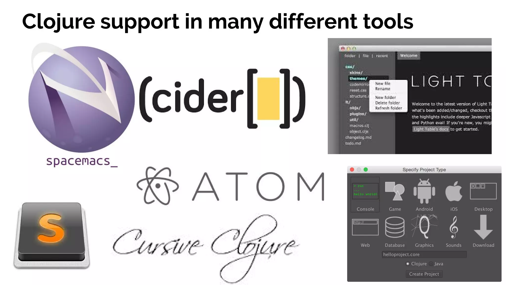 Clojure support in many different tools
 