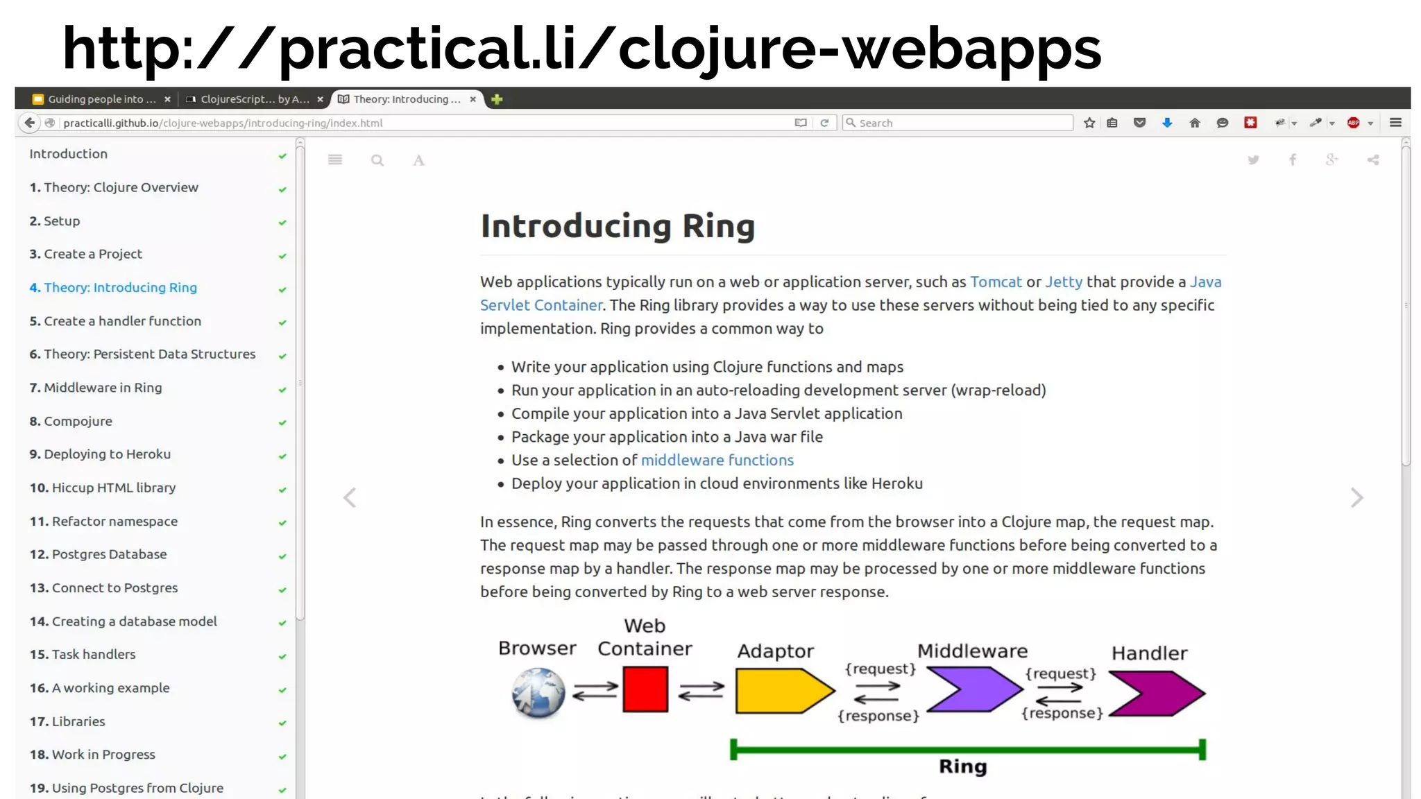 http://practical.li/clojure-webapps
 