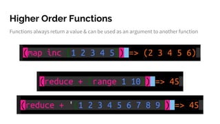 Higher Order Functions
Functions always return a value & can be used as an argument to another function
 