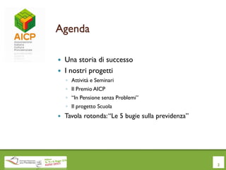 Agenda
 Una storia di successo
 I nostri progetti
◦ Attività e Seminari
◦ Il Premio AICP
◦ “In Pensione senza Problemi”
◦ Il progetto Scuola
 Tavola rotonda:“Le 5 bugie sulla previdenza”
2
 
