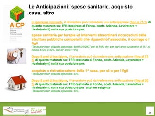 26
Le Anticipazioni: spese sanitarie, acquisto
casa, altro
In qualsiasi momento, il lavoratore può richiedere una anticipazione (fino al 75 % di
quanto maturato su: TFR destinato al Fondo, contr. Azienda, Lavoratore +
rivalutazioni) sulla sua posizione per:
spese sanitarie per terapie ed interventi straordinari riconosciuti dalle
strutture pubbliche competenti che riguardino l’associato, il coniuge o i
figli
(Tassazione con aliquota agevolata: dal 01/01/2007 pari al 15% che, per ogni anno successivo al 15°, si
riduce di uno 0,30%, dal 36° anno = 9%)
Dopo 8 anni di iscrizione, il lavoratore può richiedere una anticipazione (fino al 75
% di quanto maturato su: TFR destinato al Fondo, contr. Azienda, Lavoratore +
rivalutazioni) sulla sua posizione per:
acquisto o ristrutturazione della 1^ casa, per sé o per i figli
(Tassazione con aliquota agevolata: 23%)
Dopo 8 anni di iscrizione, il lavoratore può richiedere una anticipazione (fino al 30
% di quanto maturato su: TFR destinato al Fondo, contr. Azienda, Lavoratore +
rivalutazioni) sulla sua posizione per ulteriori esigenze
(Tassazione con aliquota agevolata: 23%)
 