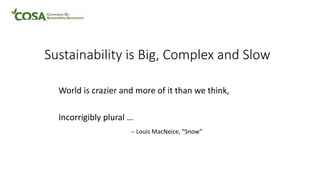 Sustainability is Big, Complex and Slow
World is crazier and more of it than we think,
Incorrigibly plural …
-- Louis MacNeice, “Snow”
 