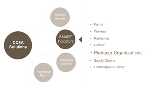 Knowledge
Mgmt
SMART
Indicators
• Farms
• Workers
• Resilience
• Gender
• Producer Organizations
• Supply Chains
• Landscapes & Sector
Advisory
Services
Integrated
Systems
COSA
Solutions
COSA
Solutions
 
