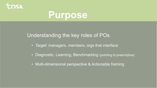 Purpose
Understanding the key roles of POs
• Target: managers, members, orgs that interface
• Diagnostic, Learning, Benchmarking (pointing to prescriptive)
• Multi-dimensional perspective & Actionable framing
 