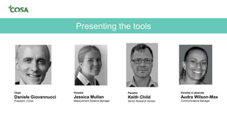 Chair
Daniele Giovannucci
President, COSA
Panelist
Jessica Mullan
Measurement Systems Manager
Panelist
Keith Child
Senior Research Advisor
Presenting the tools
Panelist in absentia
Audra Wilson-Max
Communications Manager
 
