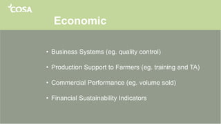 Economic
• Business Systems (eg. quality control)
• Production Support to Farmers (eg. training and TA)
• Commercial Performance (eg. volume sold)
• Financial Sustainability Indicators
 