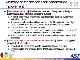 Summary of technologies for performance
improvement
 [Disk I/O performance] Grid Datafarm – A Grid file system with high-
 performance data-intensive computing support
     A world-wide virtual file system that federates local file systems of
     multiple clusters
     It provides scalable disk I/O performance for file replication via high-
     speed network links and large-scale data-intensive applications
     Trans-Pacific Grid Datafarm testbed
        5 clusters in Japan, 3 clusters in US, and 1 cluster in Thailand, provides 70
        TBytes disk capacity, 13 GB/sec disk I/O performance
    It supports file replication for fault tolerance and access-concentration
    avoidance
 [World-wide high-speed network efficient utilization] GNET-1 – a gigabit
 network testbed device
    Provides IFG-based precise rate-controlled flow at any rate
    Enables stable and efficient Trans-Pacific network use of HighSpeed
    TCP


          National Institute of Advanced Industrial Science and Technology
 