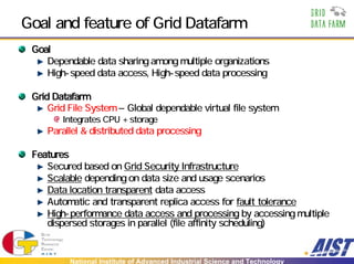 Goal and feature of Grid Datafarm
 Goal
    Dependable data sharing among multiple organizations
    High-speed data access, High-speed data processing

 Grid Datafarm
     Grid File System – Global dependable virtual file system
        Integrates CPU + storage
    Parallel & distributed data processing

 Features
    Secured based on Grid Security Infrastructure
    Scalable depending on data size and usage scenarios
    Data location transparent data access
    Automatic and transparent replica access for fault tolerance
    High-performance data access and processing by accessing multiple
    dispersed storages in parallel (file affinity scheduling)


          National Institute of Advanced Industrial Science and Technology
 