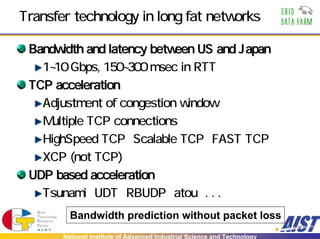 Transfer technology in long fat networks

 Bandwidth and latency between US and Japan
   1 10 Gbps, 150 300 msec in RTT
 TCP acceleration
   Adjustment of congestion window
   Multiple TCP connections
   HighSpeed TCP、Scalable TCP、FAST TCP
   XCP (not TCP)
 UDP based acceleration
   Tsunami、UDT、RBUDP、atou、. . .
         Bandwidth prediction without packet loss
       National Institute of Advanced Industrial Science and Technology
 