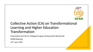 Collective Action (CA) on Transformational
Learning and Higher Education
Transformation
Presentation by Prof. Dr. Hildegard Lingnau & Alessandro Meschinelli
EFARD Meeting
16th June, 2022
 