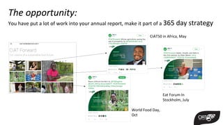 The opportunity:
You have put a lot of work into your annual report, make it part of a 365 day strategy
Eat Forum In
Stockholm, July
World Food Day,
Oct
CIAT50 in Africa, May
 