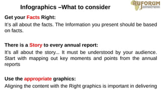 Infographics –What to consider
Get your Facts Right:
It’s all about the facts. The Information you present should be based
on facts.
There is a Story to every annual report:
It’s all about the story... It must be understood by your audience.
Start with mapping out key moments and points from the annual
reports
Use the appropriate graphics:
Aligning the content with the Right graphics is important in delivering
 