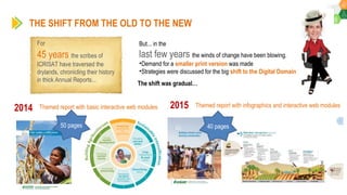 For
45 years the scribes of
ICRISAT have traversed the
drylands, chronicling their history
in thick Annual Reports...
THE SHIFT FROM THE OLD TO THE NEW
But... in the
last few years the winds of change have been blowing.
•Demand for a smaller print version was made
•Strategies were discussed for the big shift to the Digital Domain
The shift was gradual…
2014 Themed report with basic interactive web modules 2015 Themed report with infographics and interactive web modules
50 pages 40 pages
 