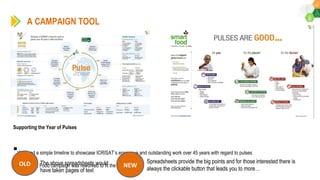 Supporting the Year of Pulses
We used a simple timeline to showcase ICRISAT’s enormous and outstanding work over 45 years with regard to pulses
The Smart Food campaign was reworked to fit the theme
A CAMPAIGN TOOL
NEWOLD The above spreadsheets would
have taken pages of text
Spreadsheets provide the big points and for those interested there is
always the clickable button that leads you to more…
 