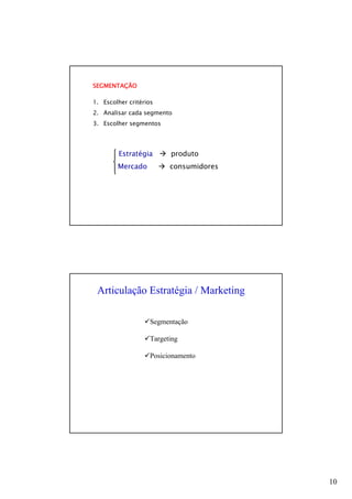10
SEGMENTAÇÃO
1. Escolher critérios
2. Analisar cada segmento
3. Escolher segmentos
Estratégia produto
Mercado consumidores
Articulação Estratégia / Marketing
Segmentação
Targeting
Posicionamento
 