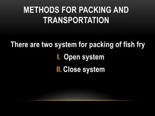 METHODS FOR PACKING AND
TRANSPORTATION
There are two system for packing of fish fry
I. Open system
II. Close system
 