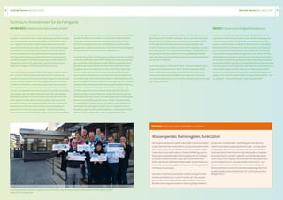 ZentraleThemendesJahres2012ZentraleThemendesJahres201218 19
ENTWICKELT: ElektronischerFahrausweis„eTicket“
„IhrFahrausweiswirdelektronisch“:SoeinfachistdieNeueinfüh-
rungdes„eTicketRhein-Main“erklärt,diedasgesamteBerichtsjahr
übereinesderbeherrschendenArbeitsthemenbeiESWEVerkehr
war–obgleichsichmitderEinführungdeselektronischenFahr-
ausweisesfürdenFahrgastaußerderTicket-Optikpraktischkaum
etwasänderte.StattdergewohntenPapierfahrscheine,diedie
InhaberbeispielsweiseeinesAbonnementsbislangdreiMalpro
Jahrzugeschicktbekamen,erhaltendieNutzernuneinmaligein
scheckkartengroßes,fünfJahrelanggültigesPlastikmediummit
integriertemElektrochipzugesandt–undzwarrechtzeitigvor
AblaufderGültigkeitihresderzeitigenFahrausweises.
AuchwasdenPreisunddieProduktwahlangeht,ändertesichmit
dem„eTicket“nichts.SogibtesvomAbonnementnachwievor
sowohleinunpersönlichesundsomitübertragbaresTicketalsauch
diepersonalisierte,dahernichtübertragbareVariantemitaufge-
drucktemLichtbild.Neuist  allerdings,dassregistriertenKunden
nunbeideFahrscheinvariantenersetztwerdenkönnen,wenndas
„eTicket“zumBeispieleinmalverlorengeht.Diesstellteinenechten
VorteilgegenüberdemaltenPapierfahrscheindar,dennbislang
standdieErsatzoptionnurdenInhaberneinespersönlichenAbos
offen.MöglichmachtedieseErweiterungderindenneuenelek-
tronischenFahrausweisintegrierteElektrochip,dersichjederzeit
innerhalbvon24StundensperrenlässtundsovorMissbrauch
geschütztwird.Ersetztwirddas„eTicket“natürlichauchdann,
wenneseinmaleinenDefekthabensollte.DassbeiallenVorgängen
diestrengengesetzlichenDatenschutzbestimmungeneingehalten
werden,verstehtsichvonselbst:SosindaufdemElektrochipdes
TicketskeinerleipersönlicheKundendatenhinterlegt(nurFahr-
kartenart,GültigkeitszeitraumundTarifgebietewerdenaufihm
gespeichert),undbeimAuslesendesTicketsdurcheinKontrollgerät
werdenkeinerleiFahrtinformationenabgespeichert.
Soeinfachdie„eTicket“-EinführungausFahrgastsichtauchverläuft,
sokomplexstelltesiesichfürESWEVerkehrdar;akribischundenga-
giertwurdehinterdenKulissenandenAbläufengearbeitet.Nicht
wenigeralself  MitgliedergehörtenderfederführendenProjekt-
gruppean,diesichausMitarbeiternderUnternehmensbereiche
Vertrieb,Informationstechnik,TechnischerBetrieb,Rechnungs-
wesenundBetriebssystemezusammensetzte.ZudengrößtenHe-
rausforderungen,diesichdenelfFachleuten–dieparallelnatürlich
auchihreeigentlicheArbeitnichtvernachlässigendurften–stellten,
zähltediefürdenStartdes„eTicket“notwendigeKomplettumstellung
undteilweiseNeuentwicklungderinternenVerwaltungs-und
Abrechnungs-Software.DassdiesbeilaufendemBetriebdurch-
geführtwerdenmusste,stellteeinezusätzlicheBelastungdar.Im
VerlaufdesJahres2012erwiessichinsbesonderedieUmstellungder
Abonnentenverwaltungaufdasneue,„eTicket“-gemäßeSystem
einschließlichdes„Datenumzugs“vonalterzuneuerSoftwareals
schwierigeralsursprünglicherwartet,waszu–angesichtsderGrö-
ßenordnungdesProjektsnachvollziehbaren–vereinzeltenKompli-
kationenundVerzögerungenindenProzessabläufenführte.
TopthemaimFahrgastmagazinINFOMOBIL,Ausgabe1/12:
Wasserspender,Namensgeber,Funkstation
DerBingert-WasserturmspieltinderESWE-Historie,vorallem
inderGeschichtedesFunkverkehrs,eineganzbesondereRolle.
DerUrsprungdes  knapp28MeterhohenTurmsgehtaufden
indenJahrennachdemEndedesZweitenWeltkriegsauchin
WiesbadenexpandierendenWohnungsbaufürUS-Soldaten
undderenFamilienzurück.Esgalt,dierund600Wohnein-
heiten,diedamalsoberhalbdesBierstadterAukammtalsneu
entstandenundwenigspäterdieAukamm-Siedlungbildeten,
mitWasserzuversorgen.
Das1956/57aufeinemLandrückennamens„Bingert“errich-
teteBauwerkhattesichinseinerFunktionals„Wasserspen-
der“fürdierundanderthalbKilometerentfernteundetwa	
80MetertieferliegendeAukamm-Siedlunglängstetabliert,
alsderTurmEndeder60er-undAnfangder70er-Jahrezu-
sätzlichzumNamenspatengemachtwurde–unddasgleich
indoppelterHinsicht:ZumeinenwurdedieimJahr1969ins
LebengerufeneFirmenzeitschriftderWiesbadenerStadtwer-
keaufdenNamen„bingert“getauft;zumzweitenbenötigte
manfürden1970/71gestartetenFunkverkehrdesstädtischen
LinienbusbetriebseinunverwechselbaresKennwort–und
fandesimbisheuteexistierendenFunkrufwort„Bingert“.	
DerGrundhierfüristklar:DiezentraleSendeanlagedesFunk-
verkehrsbefandsich(undbefindetsichnochheute)aufdem
Bingert-Turm.
ImZugederVorbereitungender„eTicket“-Einführungwurdenim
Berichtsjahralle233ESWE-undWiBus-Bussemiteinemfestinstal-
liertenFahrscheinprüfgerätausgerüstet,zudemwurdenmobile
KontrollgerätefürdenEinsatzdurchFahrausweisprüferange-
schafft.DadieKommunikationzwischendenPrüfgerätenundden
zentralenDatenrechnerndigitalvonstattengeht,wurdeaußerdem
dergesamteESWE-BetriebshofmiteinemgroßflächigenWLAN-
Netzüberzogen,dasdendrahtlosenAustauschzwischenRechnern
undBussenermöglicht.
DieEinführungdes„eTicketRhein-Main“fandundfindetübrigens
imgesamtenGebietdesRhein-Main-Verkehrsverbundes(RMV)
statt.FürdenWiesbadenerFahrgastbedeutetdies,dasser,ein
entsprechendgebuchtesTarifgebietvorausgesetzt,mitseinem
„eTicket“beispielsweiseauchinFrankfurt,MarburgoderDarmstadt
unterwegsseinkann.
ERZIELT: Dynamische  Fahrgastinformationen
UnterdemStichwort„DynamisierungderFahrgastinformation“
warbereitsimJahr2011aufeinigenLinienmitderErprobungeiner
„Aktualisierungs-Software“fürdieBus-Zielanzeigenbegonnen
worden;imBerichtsjahrwurdediesesVerfahrennunindenRegel-
betriebüberführt.DankderneuenSoftwarekönnendieZielanzei-
gen–alsojenenachaußengerichtetenDisplays,dieoberhalbder
FrontscheibeeinesjedenBussesangebrachtsind–ihreInschriften
selbsttätigundautomatischaktualisieren.DieSoftware„befiehlt“
dervomBus-BordrechnergesteuertenZielanzeigebeispielsweiseab
einembestimmtenPunktdesFahrtwegs,einenbestimmtenHinweis
auszublenden.SokannetwaeinBusderLinie8seineFahrtinBiebrich
mitderZielanzeigeninschrift„Eigenheim/überHauptbahnhof“
beginnen,undsobalddasFahrzeugdenHauptbahnhofhintersich
gelassenhat,erlischtimZielanzeigen-Displayautomatischdie–nun
ja„erledigte“–Zusatzinformation„überHauptbahnhof“.
TechnischeInnovationenfürdieFahrgäste
FachübergreifendeKooperation:ExpertenausverschiedenenUnternehmensbereichenbildetendiezurEinführungdes„eTicket“	
eingerichteteProjektgruppe
 